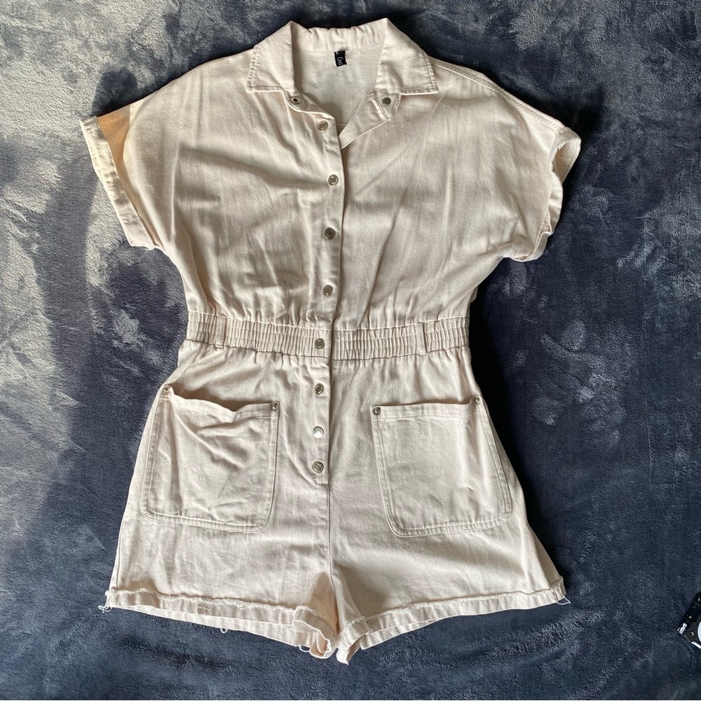 Chou Yatou Cream Denim Utility Romper - Button Front Elastic Waist - Size Large